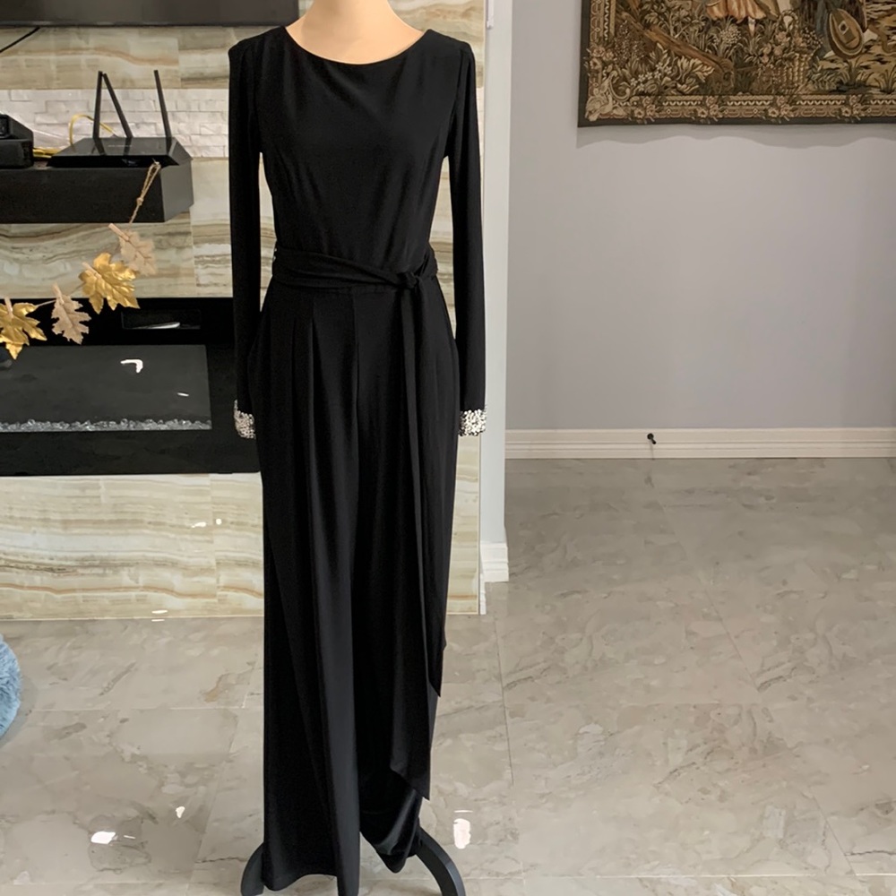 Vince Camuto Black With Faux‎ Diamond Studded Sleeves Jumpsuit. Size S